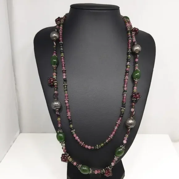 Vintage Gemstone Beaded Necklace, Garnet Clusters, Two Strands, 1990s Vintage